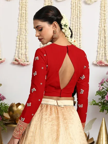 The back of the red blouse features a diamond-shaped keyhole and delicate butterfly embroidery on the full sleeves.