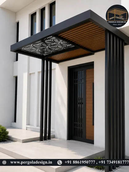 A modern entrance canopy featuring a unique CNC-cut ceiling panel. This design adds an artistic and welcoming touch to the home's entrance while providing shelter.