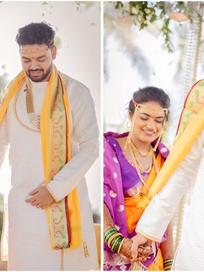 A collage of the couple walking hand-in-hand during their wedding rituals.