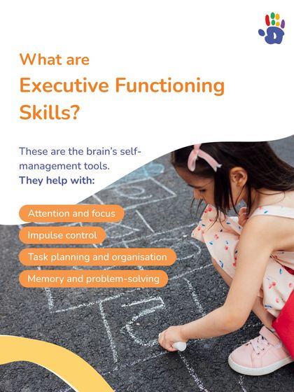What are Executive Functioning Skills? These are the brain's self-management tools for attention, impulse control, and planning. Our therapy groups incorporate activities that strengthen these skills, as shown by this child engaging in a classic game of hopscotch.