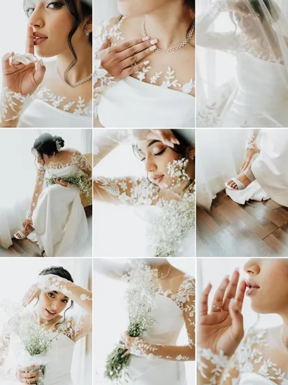 A collage of beautiful, candid moments of the bride getting ready. From adjusting her shoes to sharing a laugh, these shots capture the real, unscripted parts of the day.