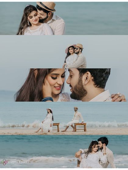 A collage of intimate and romantic moments from a Goa beach shoot. The close-up shots and gentle poses highlight the deep connection between the couple.