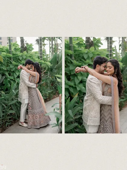 A diptych showing two angles of a joyful, spinning embrace. These shots capture the fun and movement of the moment, reflecting the couple's happy and carefree energy.