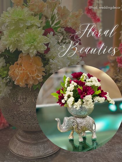 A "Floral Beauties" collage, featuring a unique elephant-shaped silver vase and other arrangements, showcasing creative and traditional centerpiece ideas.