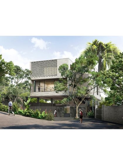 A rendering of our Office A project in Hyderabad, which has just broken ground. The design features elevated volumes, breezeblock screens, and lush landscaping to create a private yet open workspace.