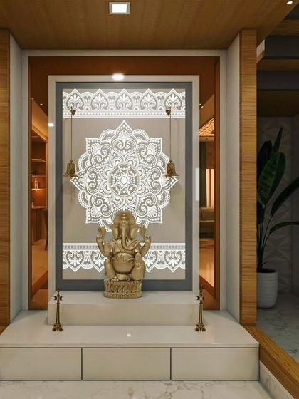A 3D design for an upcoming pooja unit. The concept features a Corian-cut CNC panel with backlighting, a marble platform, and a simple base for storage, creating a clean and modern sacred space.