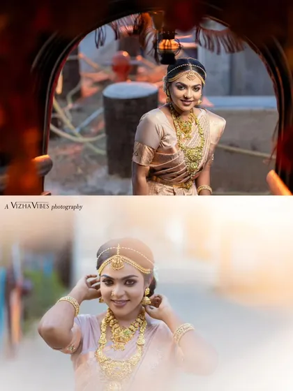 A collage showing two different angles of a model in a traditional muhurtham look, highlighting the versatility and beauty of the style.
