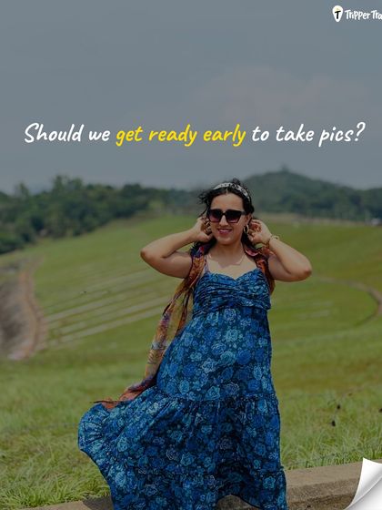 "Should we get ready early to take pics?" A woman poses in a beautiful dress in a green field. The answer is always yes, and I make sure we visit the most picturesque spots.