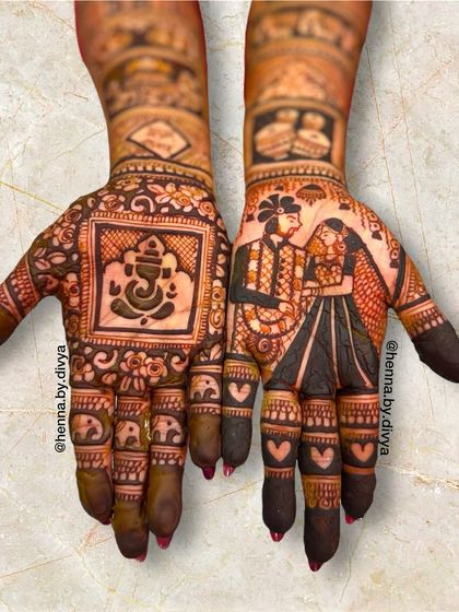 A beautiful bridal design combining a couple portrait with a Ganesha motif for blessings. The fingers are decorated with heart patterns, adding a touch of romance.