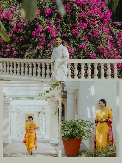 A collage showing the groom against a vibrant bougainvillea backdrop and the bride walking through a sunlit corridor, capturing the serene moments before the ceremony.