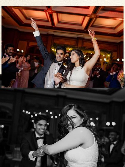 The pure, uninhibited joy of a Sangeet night. This collage captures the couple's energetic dance moves and the bride's infectious laughter, showcasing the fun and candid moments of the party.