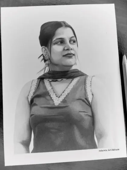 A slightly different angle of the Mumbai commission, showing the sketch on the drawing board with a pencil nearby.