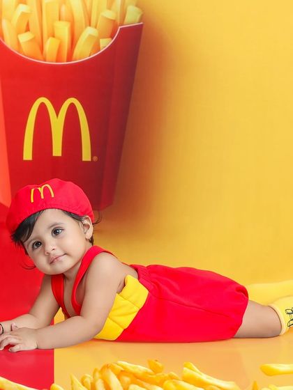 This little one is relaxing in her McDonald's-themed outfit. The bold red and yellow colors make for a very eye-catching photo.