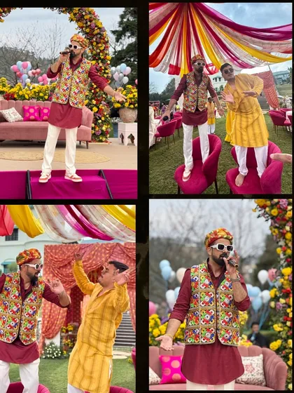 A Rajasthani-themed Haldi Carnival in Mussoorie. Here I am getting the groom's father to jump on a chair and dance. No one is safe from the fun!