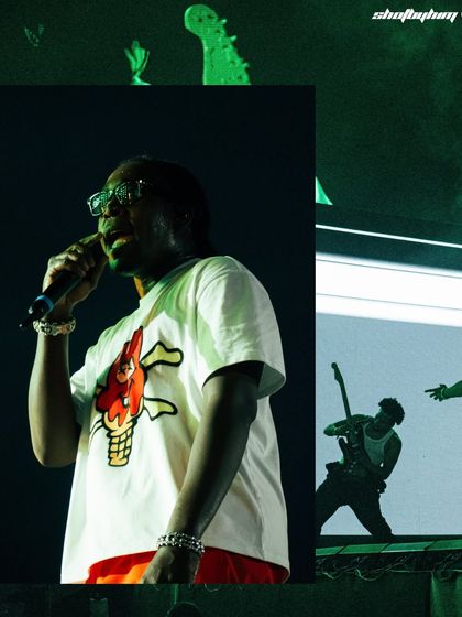 A collage of Don Toliver's performance at Rolling Loud, showing him from different angles and including a silhouette of his guitarist. This tells a more complete story of his stage show.