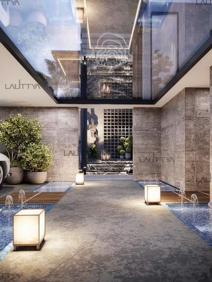 A visualization of a grand entrance, showing how we envision the final result. This concept features a double-height space with water bodies flanking the walkway, a glass ceiling, and integrated lighting, creating a tranquil and luxurious first impression.