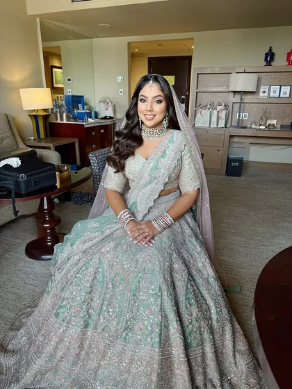 For this phera look, we chose a soft glam style to complement the mint green lehenga. I teach how to balance pastel outfits with makeup that is fresh and radiant.