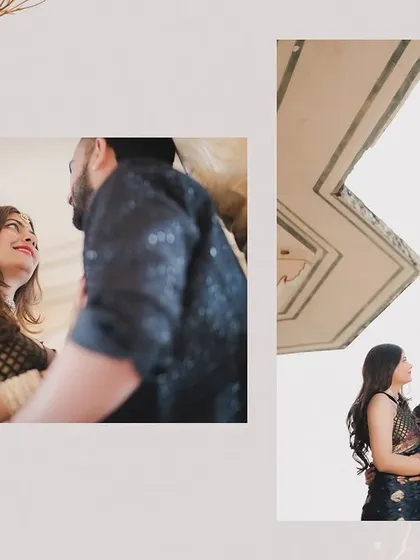 A collage of gentle, romantic moments from a pre-wedding shoot. These close-up shots capture the loving glances and quiet connection between the couple, framed by architectural details.