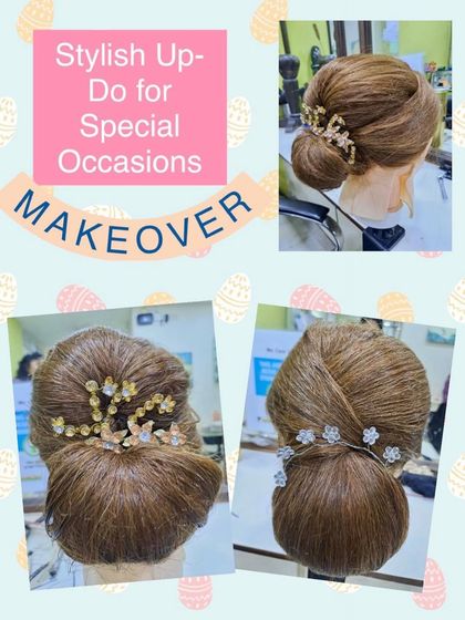 A collection of stylish updos for special occasions, demonstrated on mannequins. These buns are adorned with beautiful floral and jeweled accessories.