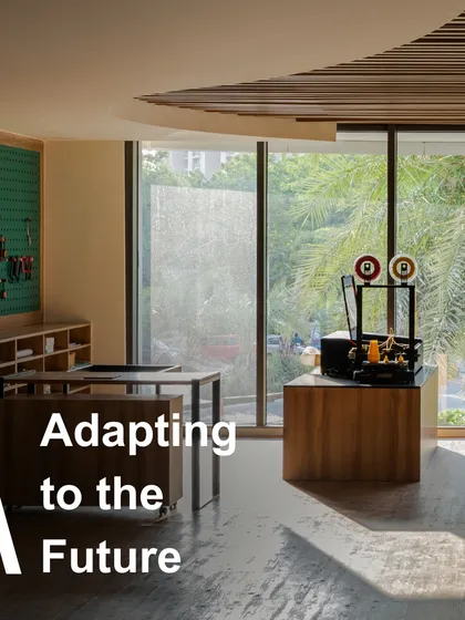 A graphic titled "Adapting to the Future." We embrace flexibility, efficiency, and technology as the cornerstones of resilient architecture, creating spaces that are responsive to the challenges of tomorrow.