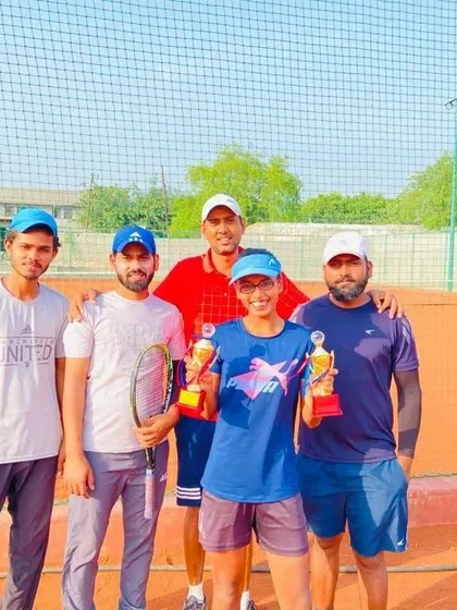 Our academy player Khushi Sharma with her coaches after securing multiple titles over a five-month period of consistent tournament play.