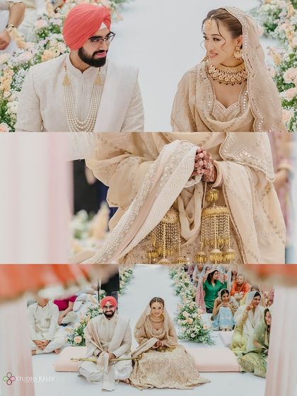 A collage capturing the serene and spiritual moments of an Anand Karaj (Sikh wedding ceremony) in Bangkok.