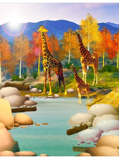 A vibrant digital painting of a family of giraffes by a river in an autumn forest. This piece was created on Procreate and is full of rich colors and details.
