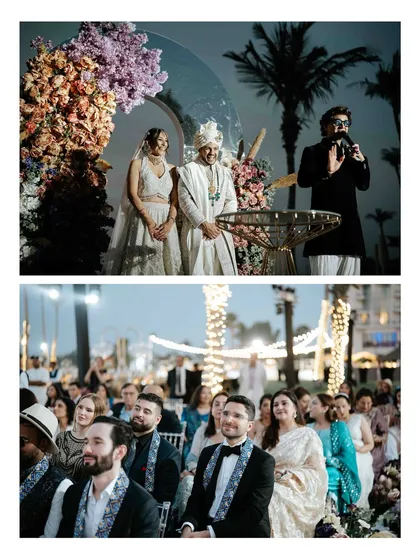 A diptych showing the wedding ceremony from two perspectives: the couple on stage and the emotional faces of their guests. We capture the entire story, not just the main event.