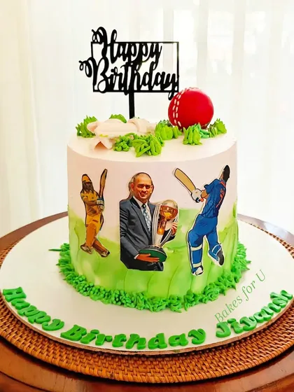 A cricket fan's birthday cake, decorated with edible images of legendary players like MS Dhoni and Sachin Tendulkar.