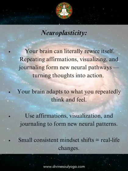 This graphic explains Neuroplasticity, your brain's ability to rewire itself. Repeating affirmations and visualizing goals forms new neural pathways, turning thoughts into action.