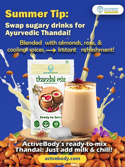 Here's a summer tip: swap sugary drinks for Ayurvedic Thandai. This image of our ready-to-mix Thandai shows how its blend of almonds, rose, and cooling spices offers instant refreshment. Just add milk and chill!