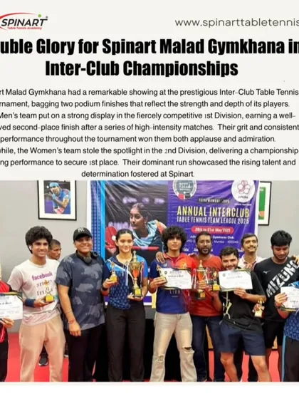 A proud moment for Spinart Malad Gymkhana at the Inter-Club Championships. Our men's team secured second place and our women's team won their division, showcasing the depth of talent in our community.