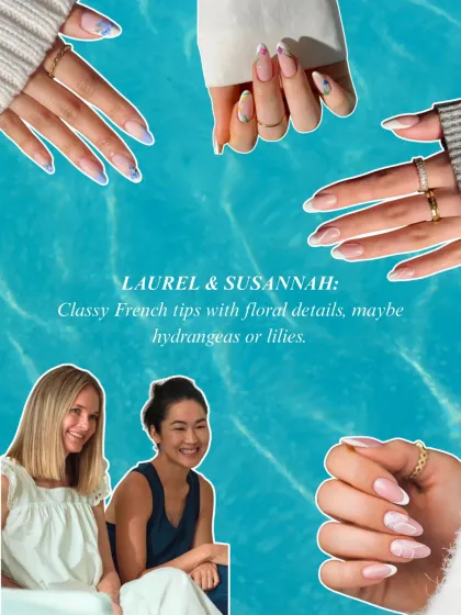 A classy and polished look inspired by Laurel and Susannah. This set features elegant French tips with subtle floral details, perfect for a timeless and sophisticated style.