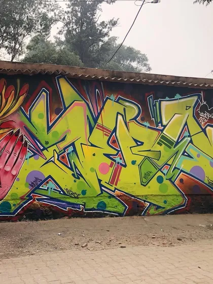 A wider view of the same wall, showing the scale and how the two distinct styles, figurative and lettering, balance each other out.
