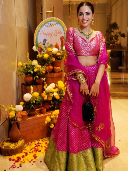This pink brocade lehenga was one of my first designs. It’s vibrant, fun, and perfect for a Lohri celebration or a friend's mehendi.