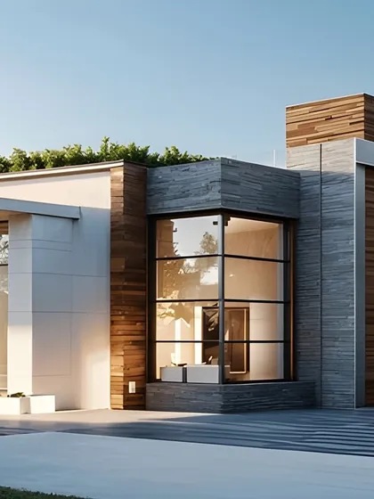A facade that tells a story of balance and beauty. This modern house uses sleek lines and expansive windows to create an open dialogue with the surrounding lush greenery and pool.