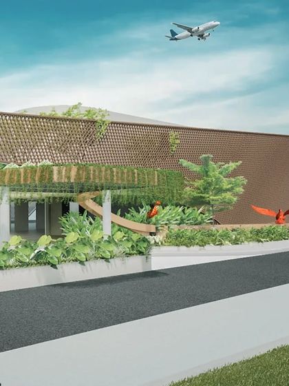 The entrance to CIAL is conceived as a multi-layered garden. A ribbon-shaped structural element ties the entire space together, supporting lush planting and curtain creepers for an impressive arrival experience.