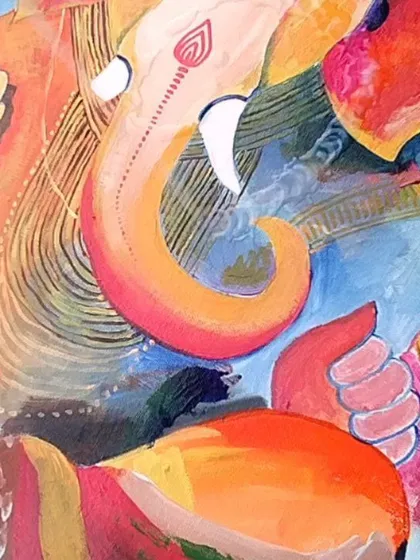Detail of the trunk and ladoo. The use of multiple colors and brushstrokes adds texture and movement to the piece.