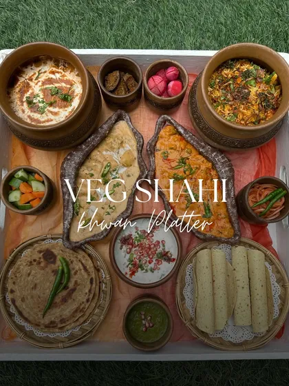 Our Veg Shahi Khwan platter, beautifully styled and ready for delivery. It's a perfect option for a special family meal at home or as an impressive gift, offering a complete, regal dining experience.
