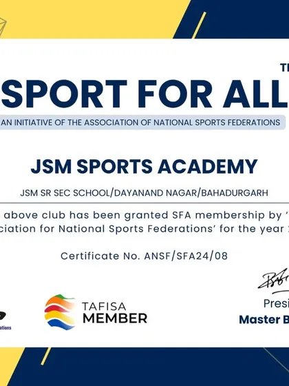 We congratulate JSM Sports Academy on their official SFA membership certificate for 2024. This document validates their affiliation with the Association for National Sports Federations, a TAFISA member organization.
