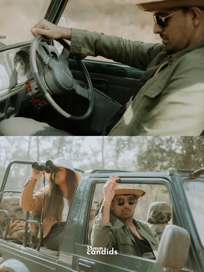 Candid shots of the couple in the jeep, driving and looking for wildlife. It tells the story of their shared adventure and partnership.