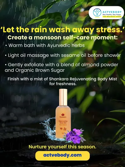 Let the rain wash away stress with a monsoon self-care moment. This image suggests a ritual: a warm bath, a sesame oil massage, an almond and brown sugar exfoliation, and a final spritz of Shankara Body Mist for freshness.