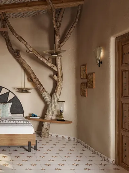 Here, a real tree branch is integrated into the room's design, serving as a unique shelving unit and a powerful symbol of nature. This biophilic design element is central to the resort's story.