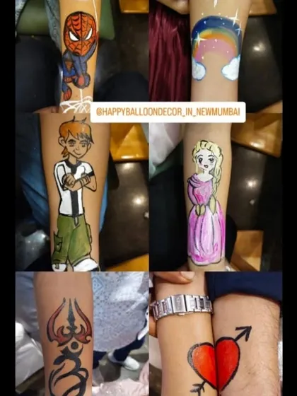 This collage shows the wide variety of arm paintings I can do, including superheroes like Spider-Man, cartoon characters like Ben 10 and Elsa, and fun symbols.