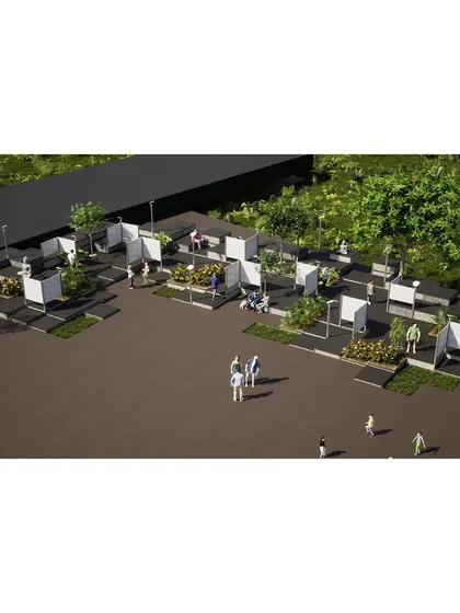 An aerial render of our landscape strategy for a 12th-century stone temple. The design uses a modular system of planters and seating that can be redeployed, offering a flexible solution for a site with multiple stakeholders and restrictions.
