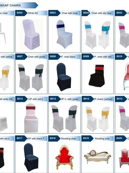 A look at our chair and sofa options. We provide everything from simple plastic chairs to elegant VIP chairs with covers and sashes, as well as decorative couple sofas for the stage.