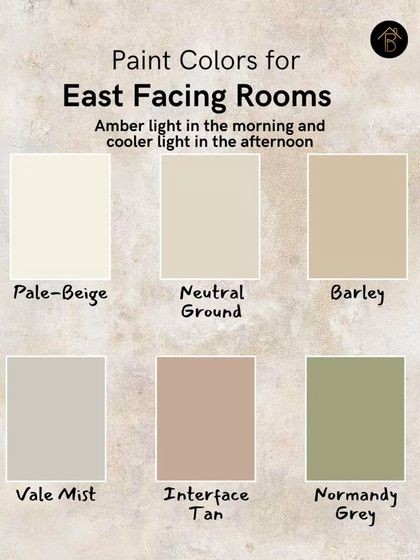 East-facing rooms get warm, amber light in the morning and cooler light in the afternoon. To balance this, I suggest versatile neutrals like pale-beige, vale mist, or even a soft Normandy grey to look beautiful all day long.
