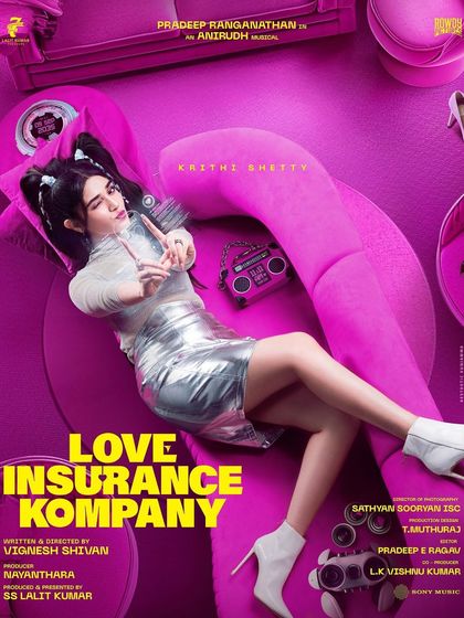 Another version of the first look poster for Krithi Shetty in *Love Insurance Kompany*. The styling, featuring the metallic silver dress and pigtails, was designed to create a fun, slightly retro futuristic character.