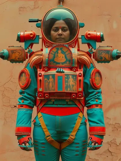 A female Yuntriksh pilgrim in a suit designed with visible thrusters. This hints at the practical, functional aspects of their ceremonial gear.
