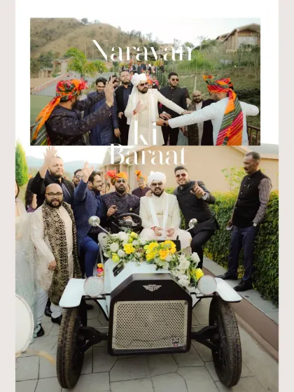 A stylish collage titled "Narayan Ki Baraat," showing the groom's arrival in a vintage car with his energetic friends.